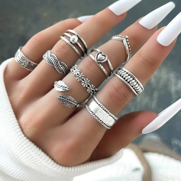 Silver Leaf Ring Set