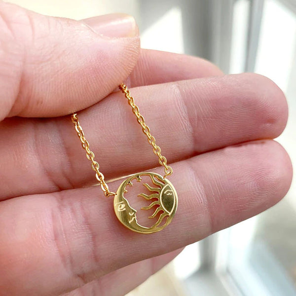 14k Gold Minimal Sun and Moon Necklace