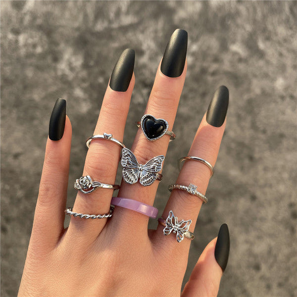Black Heart Butterfly Ring Set
